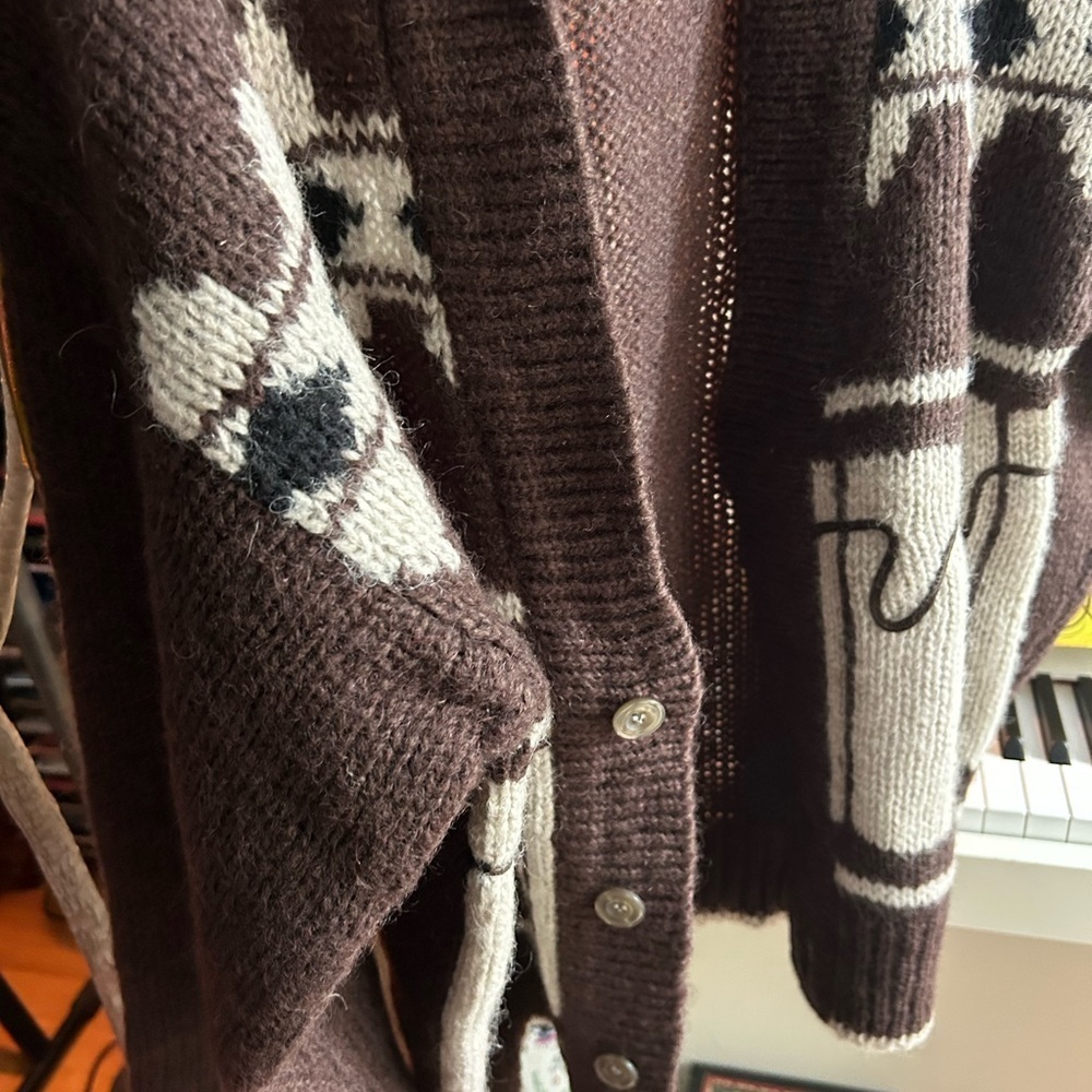 Vintage 60s 70s Grandpa Boho Brown and Cream Cardigan Medium - Picture 9 of 15
